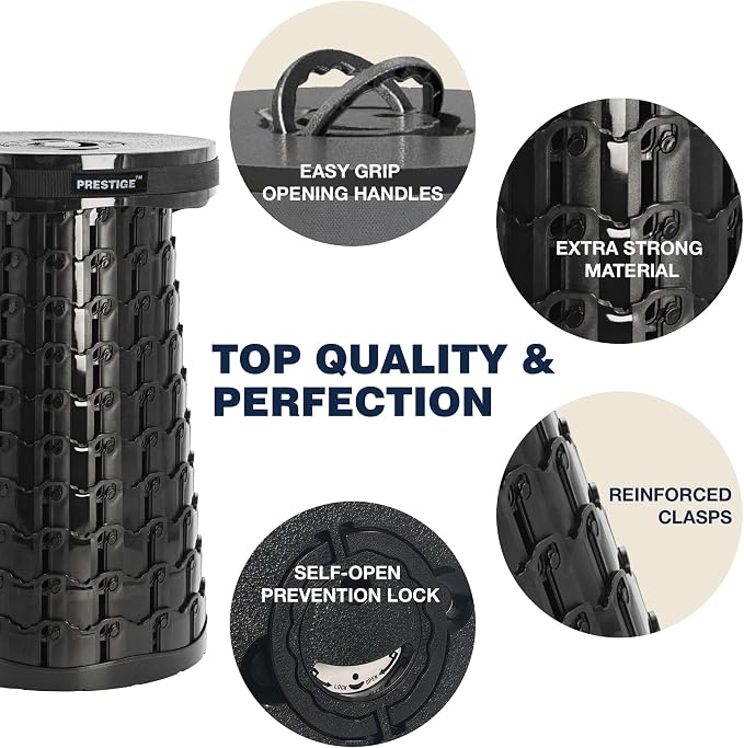 XXL Black Collapsible Stool, 19.7" Tall, 1000lbs Max Weight, Wider & Taller Pop Up Seat, Heavy Duty Portable Retractable Folding Chair, Gift for Camping & Outdoors