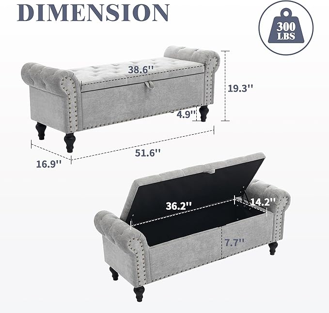 51" Storage Ottoman Bench, End of Bed Bench for Bedroom, Window Benches for Foot of Bed, Chenille Upholstered Benches, Storage Ottomans for Living Room, Entryway, Light Gray