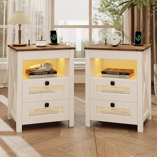 Bedside Table Set of 2 with Charger Station, Night Stand with Gun Drawer, LED Nightstand with Human Sensor Light, Farmhouse End Table for Bedrooms Living Room, White