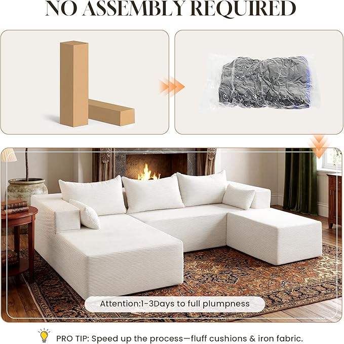 106" Cloud Sectional Boneless Couches for Living Room, Modular U Shaped Couch with Deep Seat, Removable Ottoman, Memory Foam Compressed Spineless 4 Seater Sofa for Bedroom Apartment, Beige