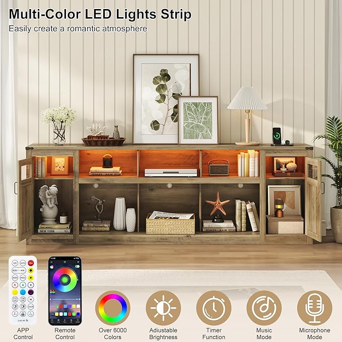 chartustriable Farmhouse TV Stand for 100 Inch TV,95" Entertainment Center w/LED Light,Large Media Console Cabinet w/Rustic Barn Doors,Power Outlets,Adjustable Shelves for Living Room,Grey