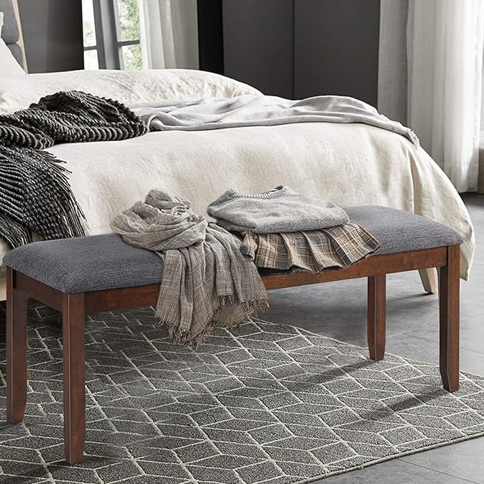 Giantex 2-Pack Dining Room Bench with Upholstered Padded Seat, Wood Bench for Bedroom, End of Bed, Entryway, Kitchen, 47.5” x 15.5” x 19.5” Ottoman, Indoor Rubber Bench Seat, Grey