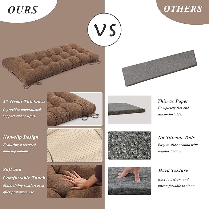 Bench Cushion for Indoor Furniture 48x19 inch Rectangle Bench Seat Cushion for Bay Window Entryway Bench Thick Textured Chair Cushion with Non-Slip Backing 1 Pack, Light Brown