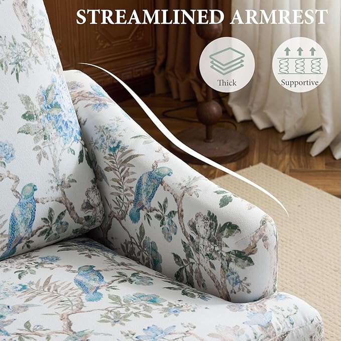 Bezseller Modern Accent Chairs Set of 2, Upholstered Reading Armchair with Wood Legs, Mid-Century Leisure Comfy Single Sofa Chair for Living Room, Bedroom, Home, Office, White Floral