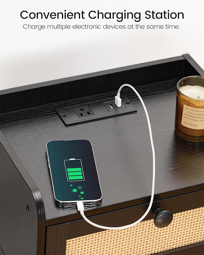 CHOEZON Nightstand, End Table with Charging Station, Side Table with Rattan-Style Drawer and Storage Shelf, Modern Sofa Table with 1 AC Outlet and 2 USB Ports, for Bedroom, Black MBZ01UBB