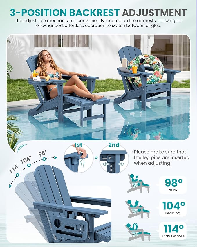 SERWALL Folding Adjustable Adirondack Chairs with Footrest Set of 2, HDPE Outdoor Chair with 4-in-1 Cup Holders, All Weather Adirondack Chair with Ottoman, Blue