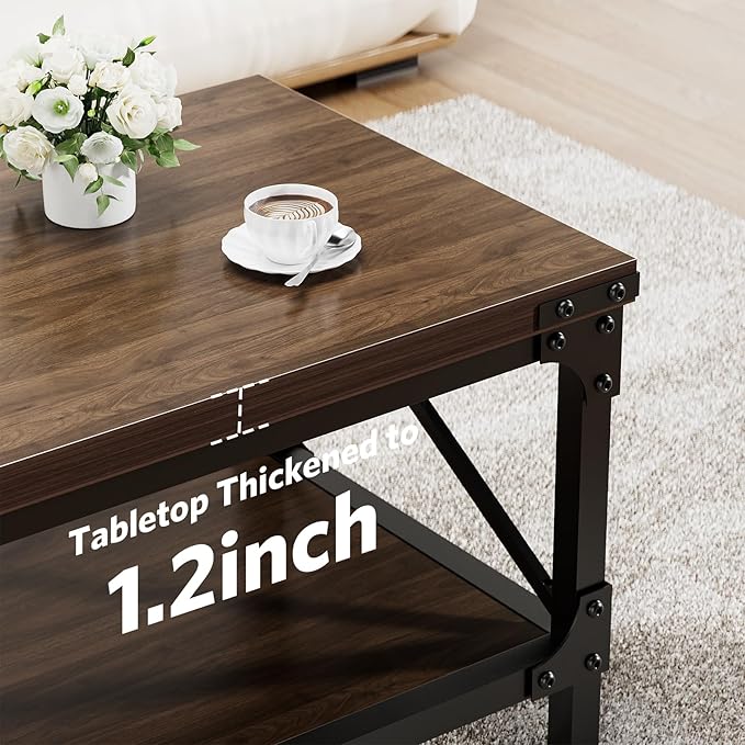 Rectangle Coffee Tables for Living Room, Wood Rectangular Coffee Table, 2 Tier Dark Brown Modern Center Table with Thickened Tabletop and Metal Frame, 40 inch Long (Walnut)