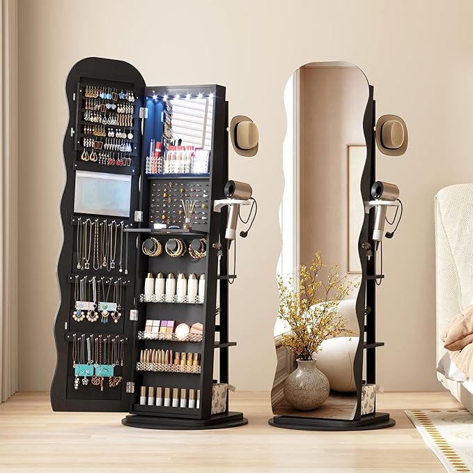 Vlsrka 360° Swivel Jewelry Aromire with Wavy Mirror, Lockable Jewelry Organizer Mirror Full Length, Rotatable Standing Mirror with Storage, Jewelry Cabinet, Interior Mirror, Flodable Shelf, Black