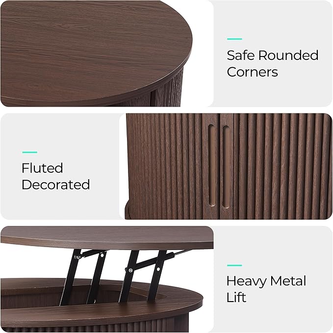 LINSY Lift Top Coffee Table, Round Fluted Coffee Table with Storage, Mid Century Modern Wooden Coffee Tables with Sliding Tambour Door, 31.5" Center Table for Living Room, Office, Small Space, Walnut