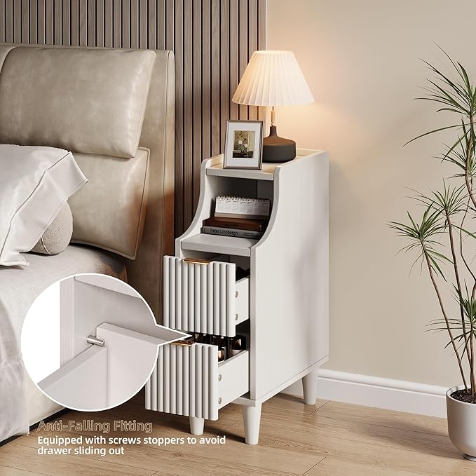 7.9" Narrow Fluted Nightstand Set of 2,Slim Side End Table with 2 Drawers,White Modern Bedside Table,Skinny Night Stand for Bedroom,Small Space