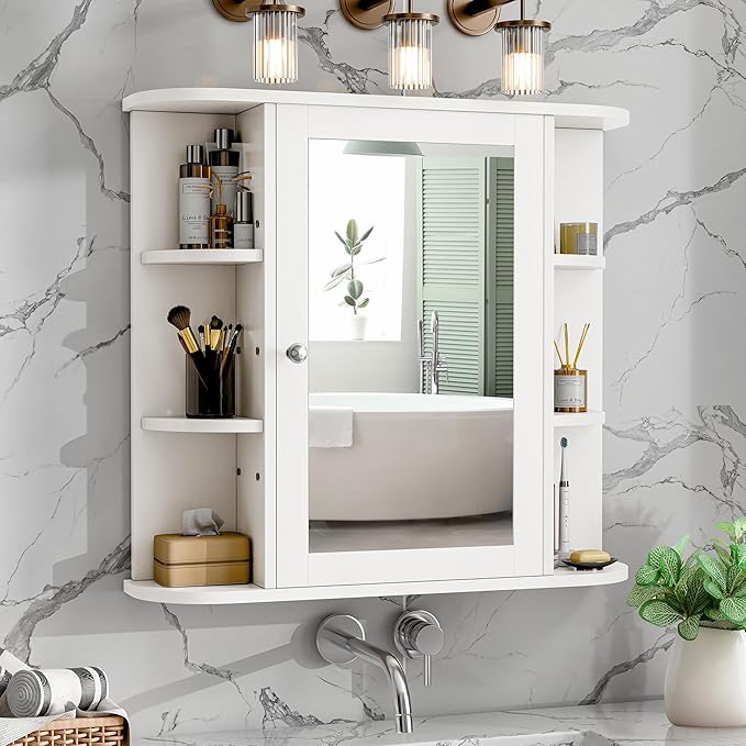 Bathroom Medicine Cabinet, Bathroom Mirror Cabinet Wall Mounted with 6 Side Open Shelves, White Wall Cabinet with Mirror, White
