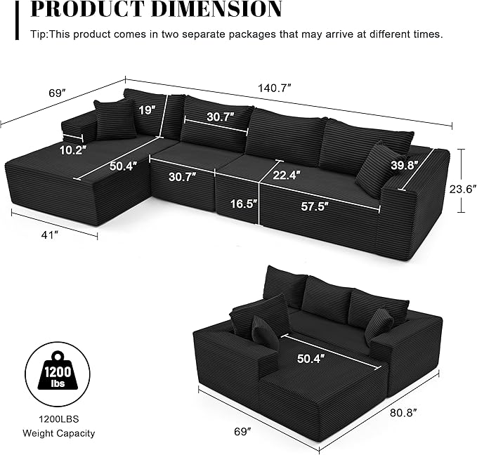 Mangodan 140” Cloud Sectional Couch, Modular Sectional Sofa with Deep Seat, Boneless Sofa for Living Room, Fluffy Comfy L-Shaped Couch with Left Facing Chaise, No Assembly Required, Black