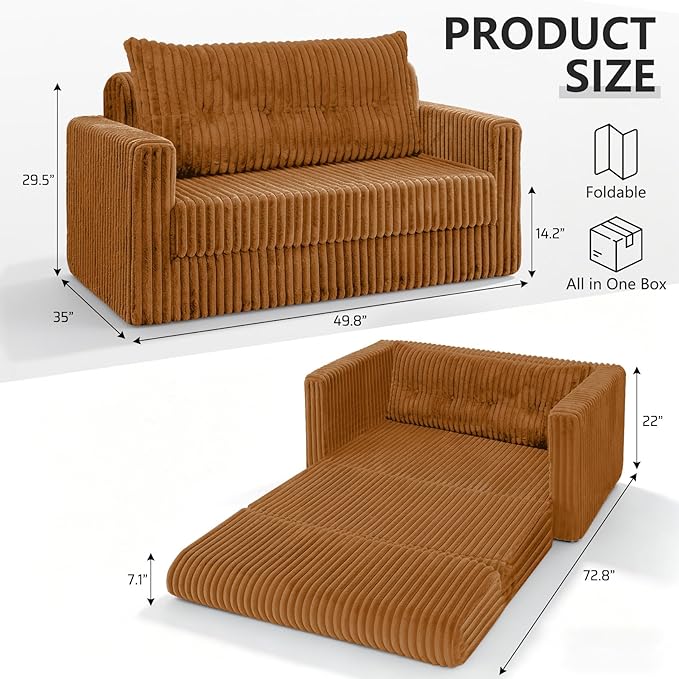 HABUTWAY 49.8" Loveseat Boneless Couch, 4-in-1 Convertible Sofa Bed, Plush Fur Folding Futon Sofa Bed Couches with a Pillow for Living Room, High-Density Foam Support, No Assembly Required, Orange