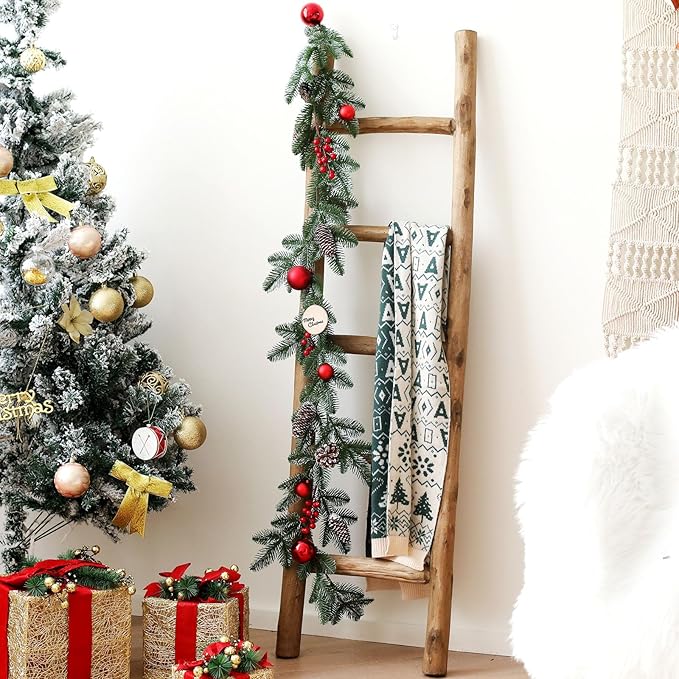 FUIN Fully Assembled 57in Wood Blanket Ladder Living Room Decorative Wall Leaning Farmhouse Quilt Display Holder Rustic Wooden Towel Rack for Bathroom