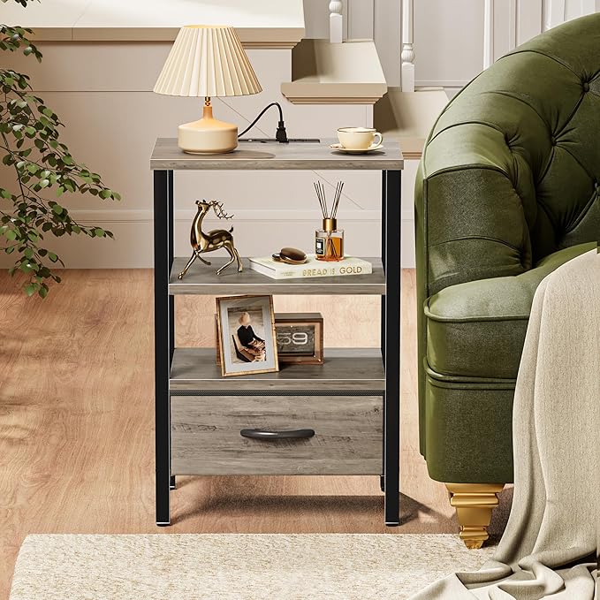 SUPERJARE Nightstand with Charging Station, Bed Side Table with Adjustable Fabric Drawer, Night Stand for Bedroom, 3-Tier Storage End Table, for Living Room, Oak