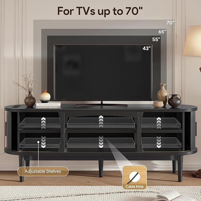 Decofy Mid Century TV Stand for TVs up to 70 Inches, Entertainment Center with Storage, Power Outlet, Fluted Sliding Doors & Adjustable Shelves, Modern Media TV Console Table for Living Room (Black)
