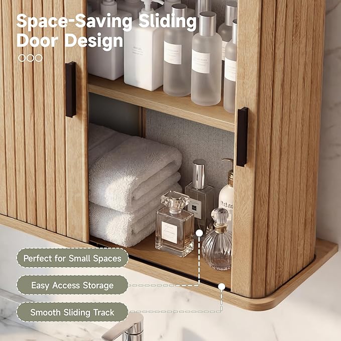 weselon Fluted Wall Mounted Bathroom Cabinet with Sliding Doors, Medicine Cabinet Storage for Over the Toilet, Space Saver Organizer for Small Bathroom Laundry Kitchen (Natural)