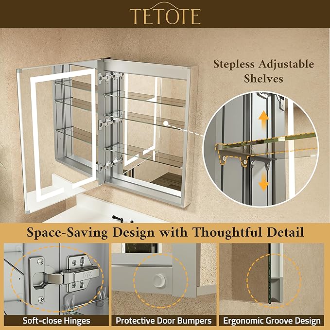 TETOTE LED Lighted Medicine Cabinet Mirror with Tempered Glass 16 x 24 Recessed or Surface Mount Bathroom Cabinet with Lights and Storage, Outlets & USB, 3-Color Dimming, Defog, Adjustable Shelves