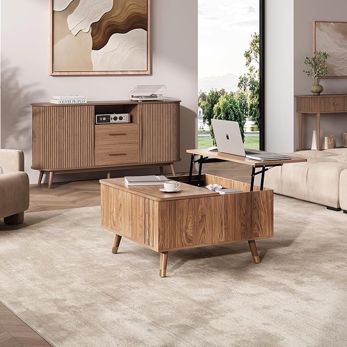 JOINICE 32" Square Lift Top Coffee Table with Storage,Mid Century Modern Walnut Center Table with Rising Desktop for Living Room, Brown Wood Finish