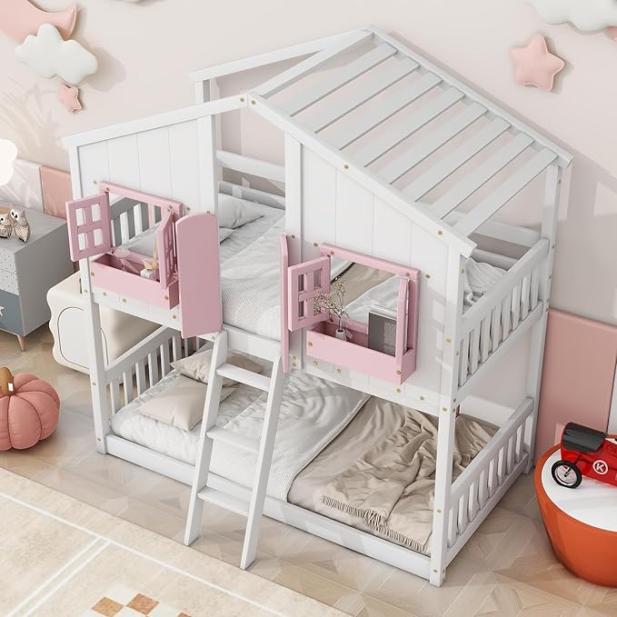 Twin Over Twin Floor House Bunk Bed with Roof and Window, Storage Box, Low Loft Bunker Bed for Small Space, No Box Spring Needed for Kids Girls Boys, Pink/White
