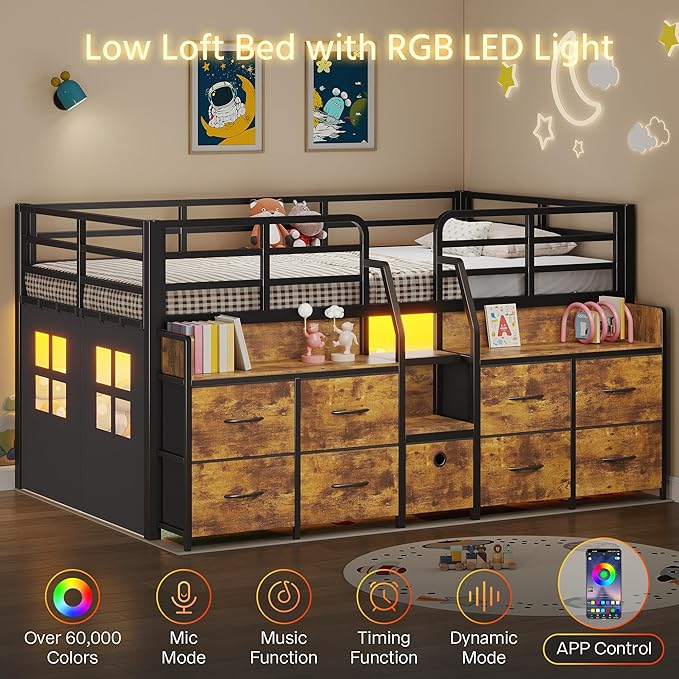 Dnxao Low Loft Bed Twin Size with 9 Drawers and Bookcase, Metal Twin Bed Frames for Kids with Under-Bed Play Space, LED Lights and Charging Station Bedroom Storage, Vintage Brown