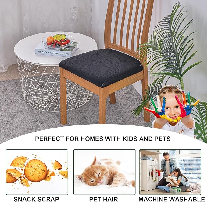 CRFATOP Waterproof Seat Covers for Dining Room Chairs Set of 4 with Stretch Bench Slipcover Jacquard Kitchen Chair Slipcover Washable Seat Cushion Slipcover for Hotel Banquet Wedding Party, Black