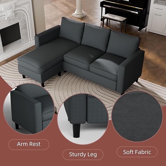 Nuturelly Convertible Sectional Sofa Couch with Movable Ottoman, 3-Seater Modern L-Shaped Sofa for Small Spaces, Soft Fabric Couch for Living Room, Small Apartment & Office(Gray)