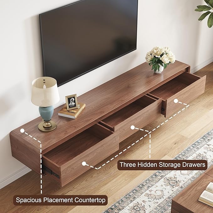 Floating TV Stand - Wall Mounted Mid Century Entertainment Center with 3 Storage Drawers, Modern Media Console Fits 65-100 Inches TV for Living Room (Walnut, 94.49", Wall Mounted (Floating))