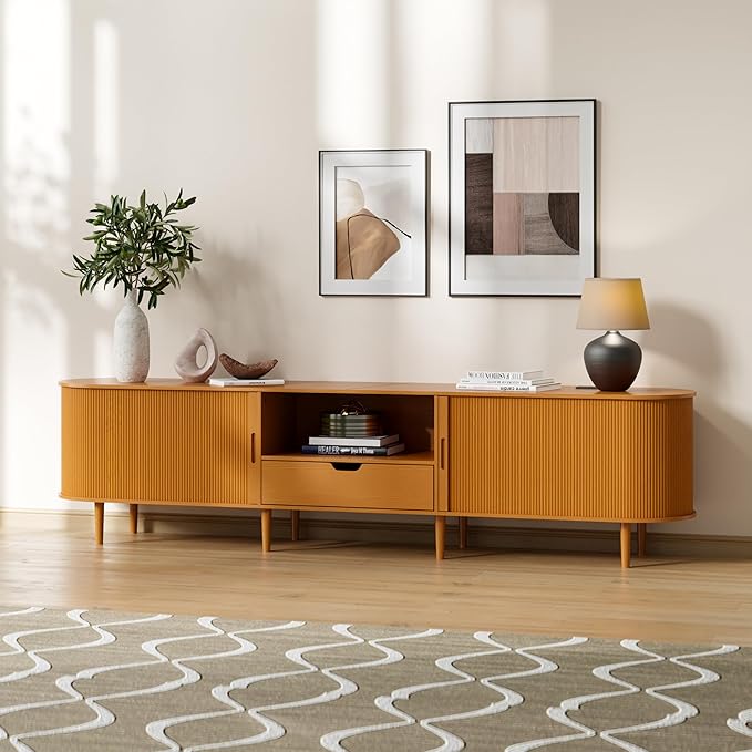 86.6" Fluted TV Stand with Power Outlet for TVs up to 90", TV Console with Adjustable Shelves and Sliding Door,Mid Century Modern Entertainment Center for Living Room,Bedroom (Yellow Walnut, 86.6Inch)