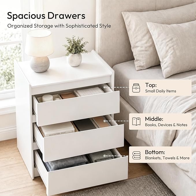 24" Tall Nightstand with Charging Station Including USB-C, Modern Bedside Table and Sofa End Table - White, 3 Drawers, 1-Pack
