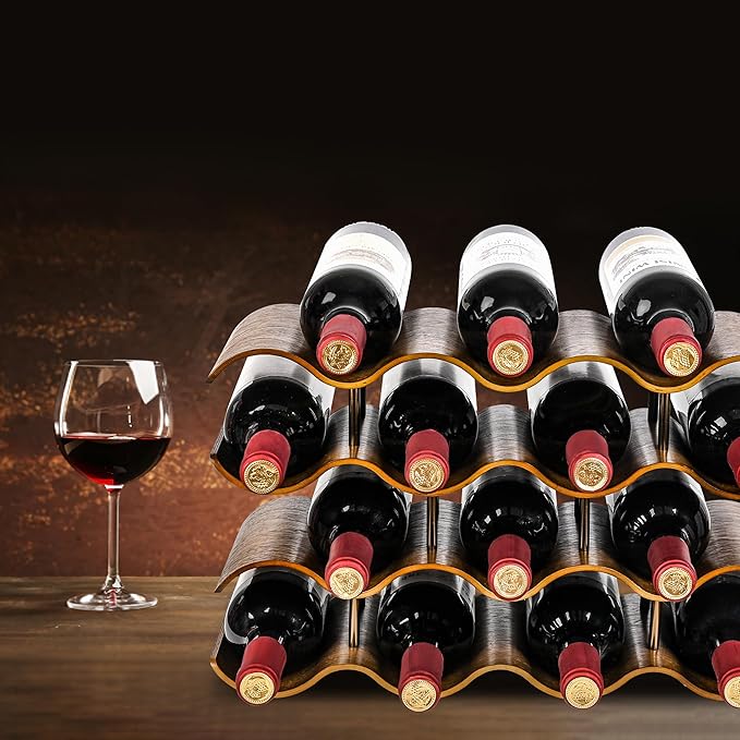 Countertop Wine Rack - 14 Bottle Freestanding Wine Bottle Holder Stand - 4 Tier Wooden Wine Storage Rack - Walnut Wavy Wine Organizer for Cabinet Pantry Home Kitchen Bar