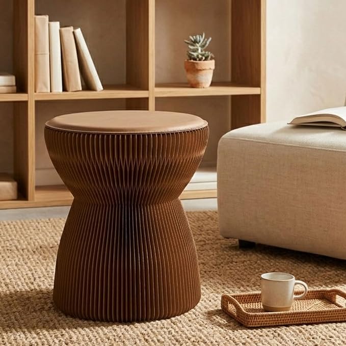Accordion Folding Stool, Bouquet Shaped Collapsible Kraft Paper Stool for Adults, 660lbs Honeycomb Fold Up Ottoman, Portable Under Desk Footrest Seat for Living Room, Dorm & Office (15 Inch, Brown)
