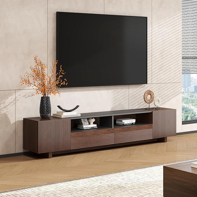 Epecoya 78.8 Inch TV Stand with Storage Cabinets for Living Room, TVs Media Console Entertainment Center with Drawers, Wood Fluted Television Stands with Open Shelves for Bedroom, Dark Brown Walnut