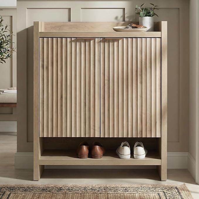 OAKHAM HOME Fluted Shoe Cabinet, 41" Tall 2-Door Entryway Storage Organizer with 3 Tier Adjustable Shelves, Modern Wood Shoe Rack for Hallway Mudroom Entrance Front Door (Sunwashed Ash Oak)
