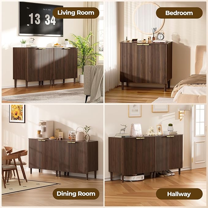 Sideboard Buffet Storage Cabinet - Wood Cabinets with Adjustable Shelves Fluted Doors, Anti-Tip Console Table for Kitchen Dining Living Room or Entryway Hallway, Easy Assembly, Walnut