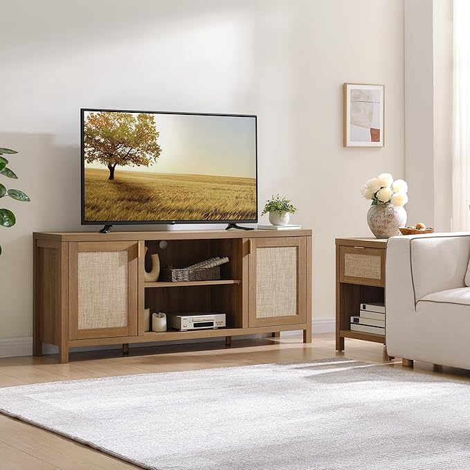 SICOTAS TV Stands for Living Room : Rattan TV Console Cabinet with Storage and Shelf, Boho Entertainment Center, 59" Media Console for 55, 65 Inch TV, 26" Tall Television Stands, Oak