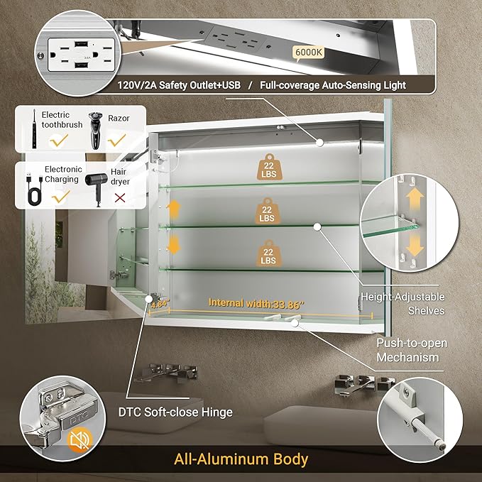 36x30 Lighted Medicine Cabinet with Mirror & Clock -Surface or Recessed Aluminum Medicine Cabinet with Dimmable Light & Outlet, Anti-Fog, Built-in Sensing Light, Assembly-Free