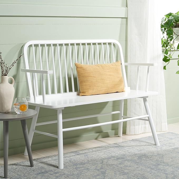 SAFAVIEH Home Collection – Lucilia Spindle Bench, White Solid Wood Entryway or Dining Bench, Windsor Style Seating (BCH8501B)