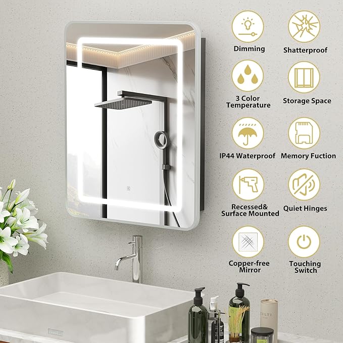 ROOMTEC 16 x 24 Inch Medicine Cabinet Mirror with LED Lights, Silver Bathroom Medicine Cabinet with Mirror and Storage, Recessed or Wall Mount, 3 Color Temperature, Dimmable Light
