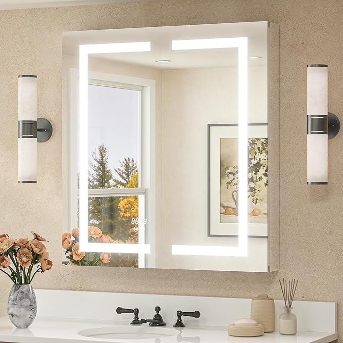TETOTE 30 x 32 Lighted Medicine Cabinet Mirror for Bathroom with LED Lights, 2 Door Tempered Glass Recessed or Surface Mount Mirrored Cabinet, Outlets & USB, 3-Color Dimming, Defog, Adjustable Shelf