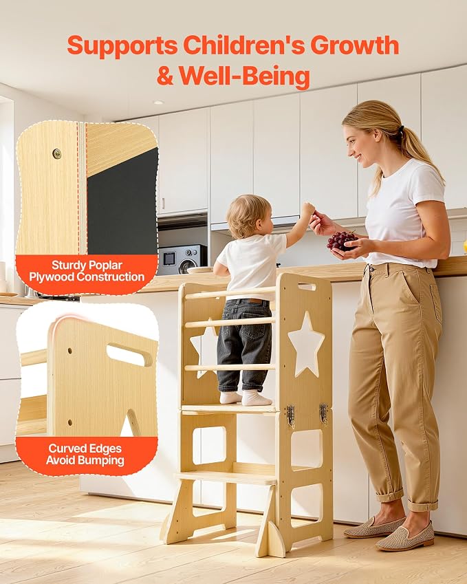 VEVOR 4-in-1 Toddler Kitchen Step Stool, Foldable Learning Standing Tower with Blackboard & Whiteboard, Wooden Kitchen Stool Helper with Detachable Stool, Montessori Table and Chair Set for Ages 1-3