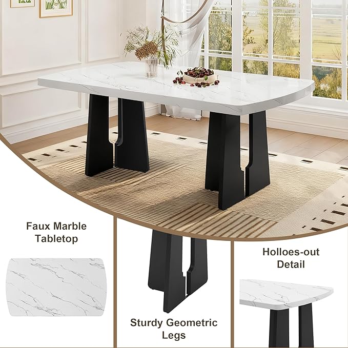 Merax 6-Piece Dining Table Set for 6, Modern Faux Marble Oval Kitchen Tabletop with Four Upholstered Chairs and One Bench for Dining, Living Room, Kitchen, Easy Assembly, White+ Beige
