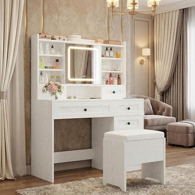 IRONCK Vanity Desk with LED Lighted Mirror, Large Storage Makeup Vanity Table with 5 Drawers, Cabinet, 7 Open Shelves, Power Outlet, Storage Stool, Bedroom, White