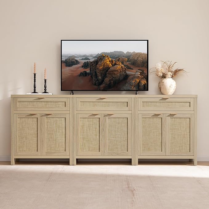 SICOTAS Sideboard Buffet Storage Cabinet Set of 2, Rattan Credenza Buffet Table, Boho Console Accent Cabinet with Doors and Drawer, Coffee Bar Cabinets for Kitchen Entryway Living Room, Natural