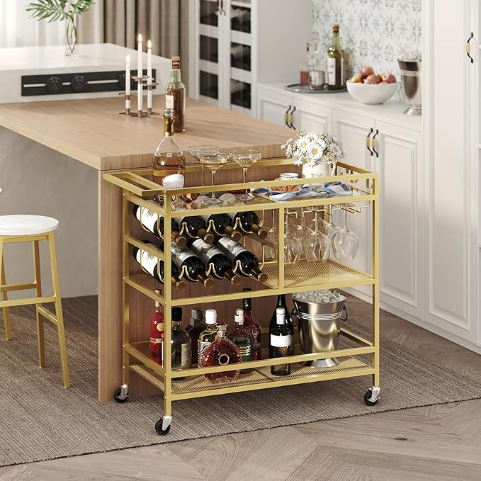 MAHANCRIS Bar Cart for Home, 3-Tier Serving Cart with Wheels and Handle, Beverage Cart with Wine Rack and Glass Holders, Rolling Wine Cart for Kitchen, Dining Room, Gold RCGD81B01