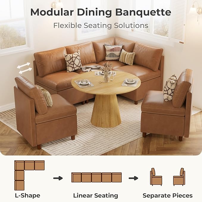 SITJOY Breakfast Nook Bench with Storage, Modular Corner Kitchen Banquette Seating, Dining Settee Couch, Upholstered Dining Bench with Back, Pet-Friendly Faux Leather in Brown, 5-Seat L Shaped Nook