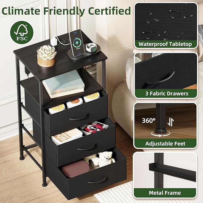 Somdot Black Nightstand with Charging Station and LED Light for Bedroom, Tall 3 Drawers Dresser with Fabric Bins for Bedside Kids Dorm Room Closet Laundry Entryway, Black
