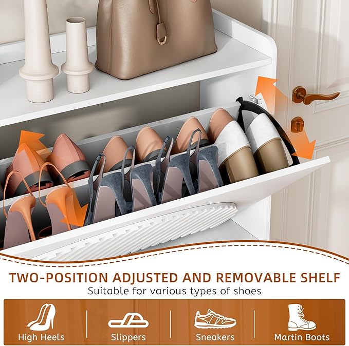 Vlsrka Shoe Cabinet Storage for Entryway with 2 Flip Drawers, Narrow Wooden Shoe Cabinet, Outdoor Hidden Shoe Storage for Entryway, Garage, Foyer, Hallway, Living Room