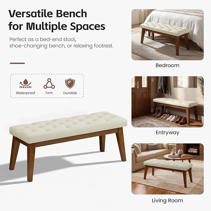43.5" Upholstered Bedroom Bench, Faux Leather Entryway Bench with Solid Wood Legs, End of Bed Bench with Cushion, Tufted Button Dining Bench for Living Room, Bedroom, Hallway, Beige