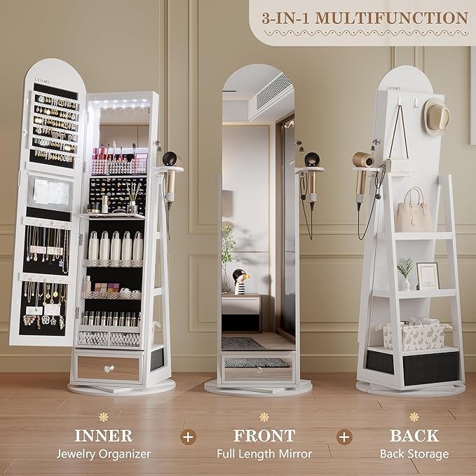 LVSOMT 64" H Arched LED Mirror Jewelry Cabinet Standing, 360° Swivel Full-Length Mirror with Storage, Lockable Jewelry Organizer with Inner Makeup Shelf, Gift for Women, White
